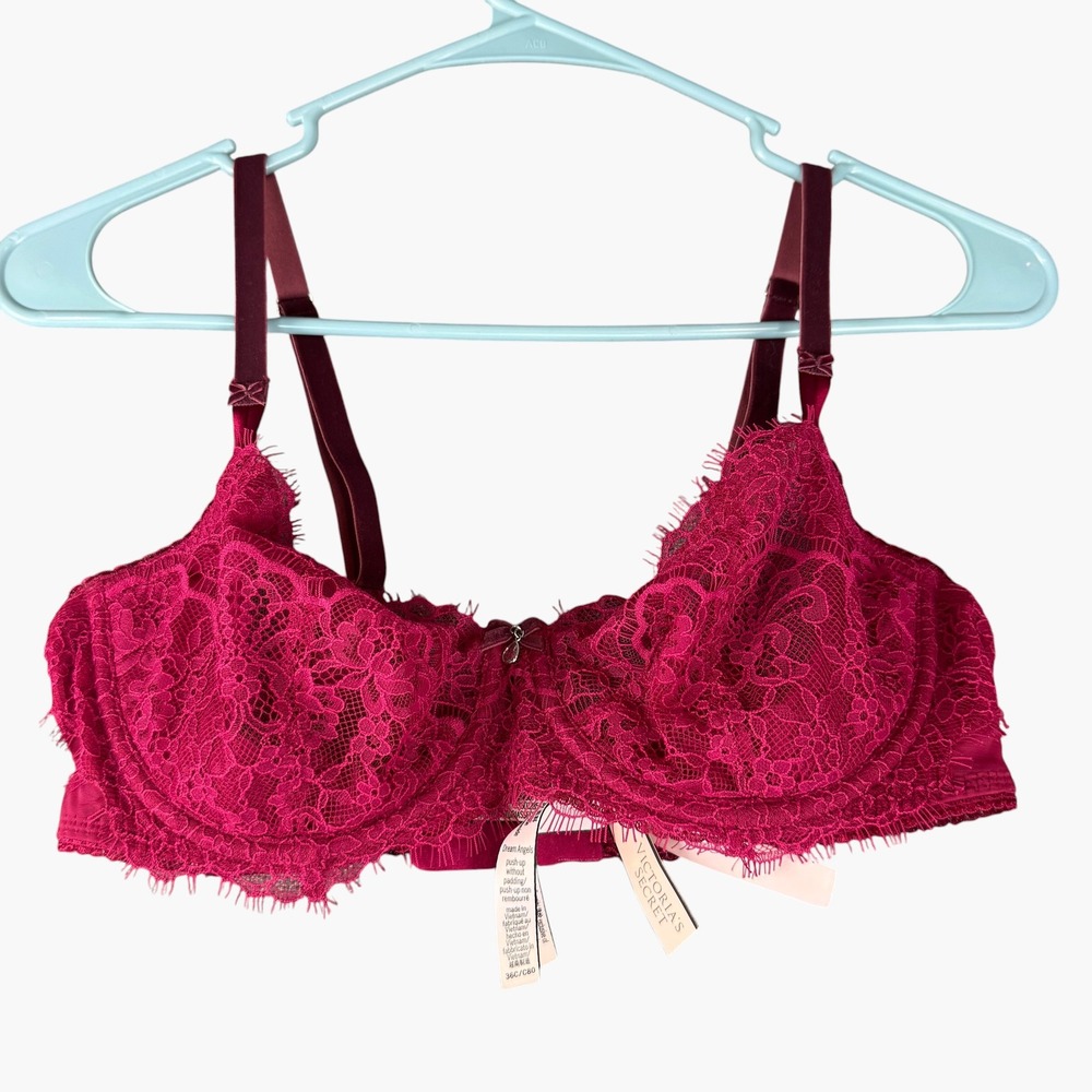 Victoria's Secret Dream Angels Lace Unlined Balconette Bra 36C Pink Red